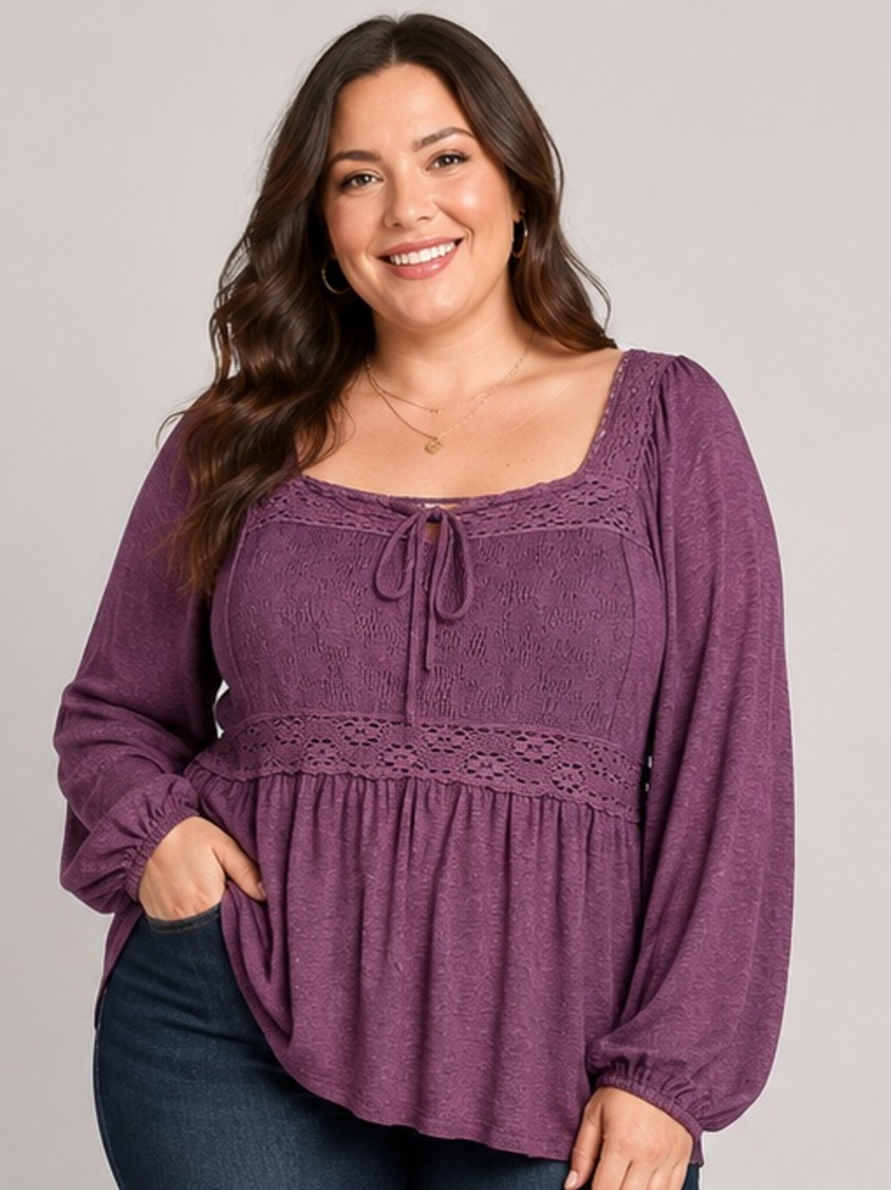 Weekend by Suzanne Betro 2X Plum Boho Lace Peasant Top Rayon